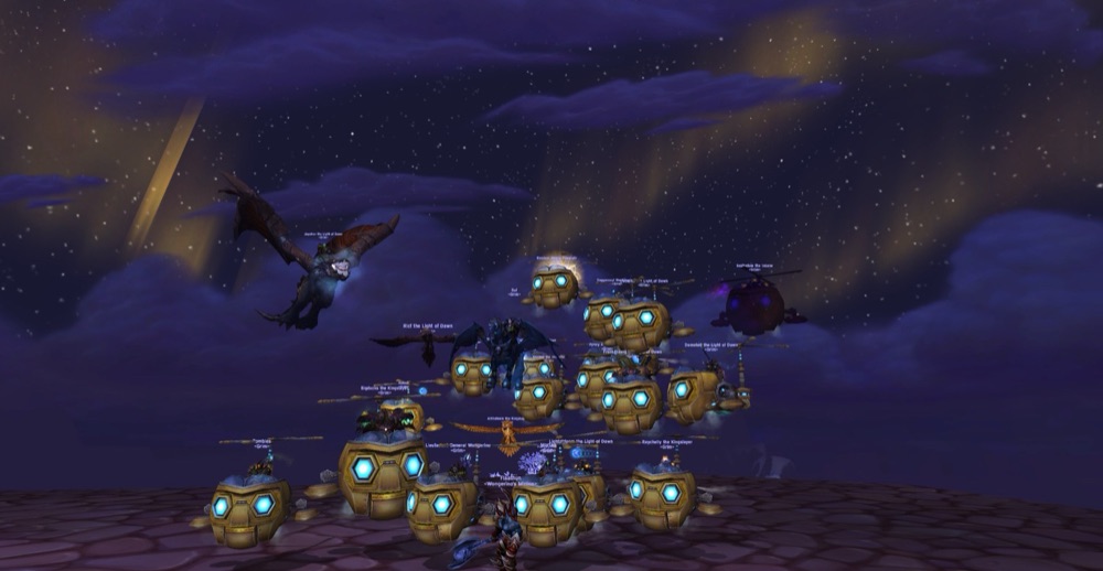 A Grim raid group mounted on Mimiron's Head, floating above Icecrown at night.